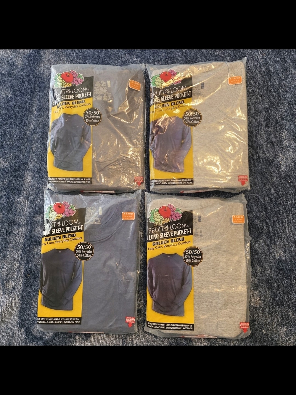 Fruit of the Loom Long Sleeve Pocket T-Shirt - Blue & Gray (Pack)